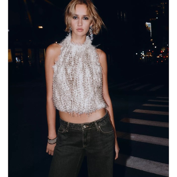 Zara Feathery Halter Crop Top in White and Brown - Picture 7 of 10